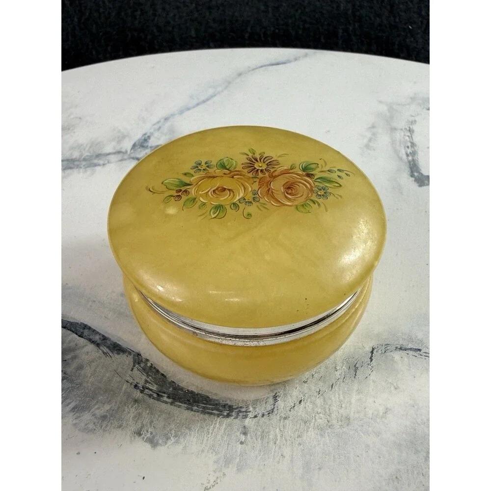 Vintage Alabaster Trinket Box Hinged Lid Cherry Blossom Floral Made In Italy
